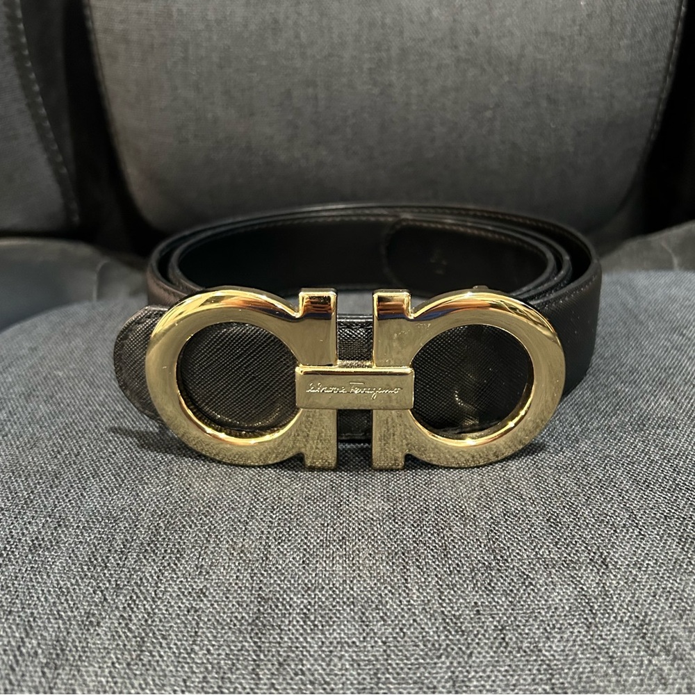Salvatore Ferragamo Black Leather Belt with Gold Double Gancini Buckle